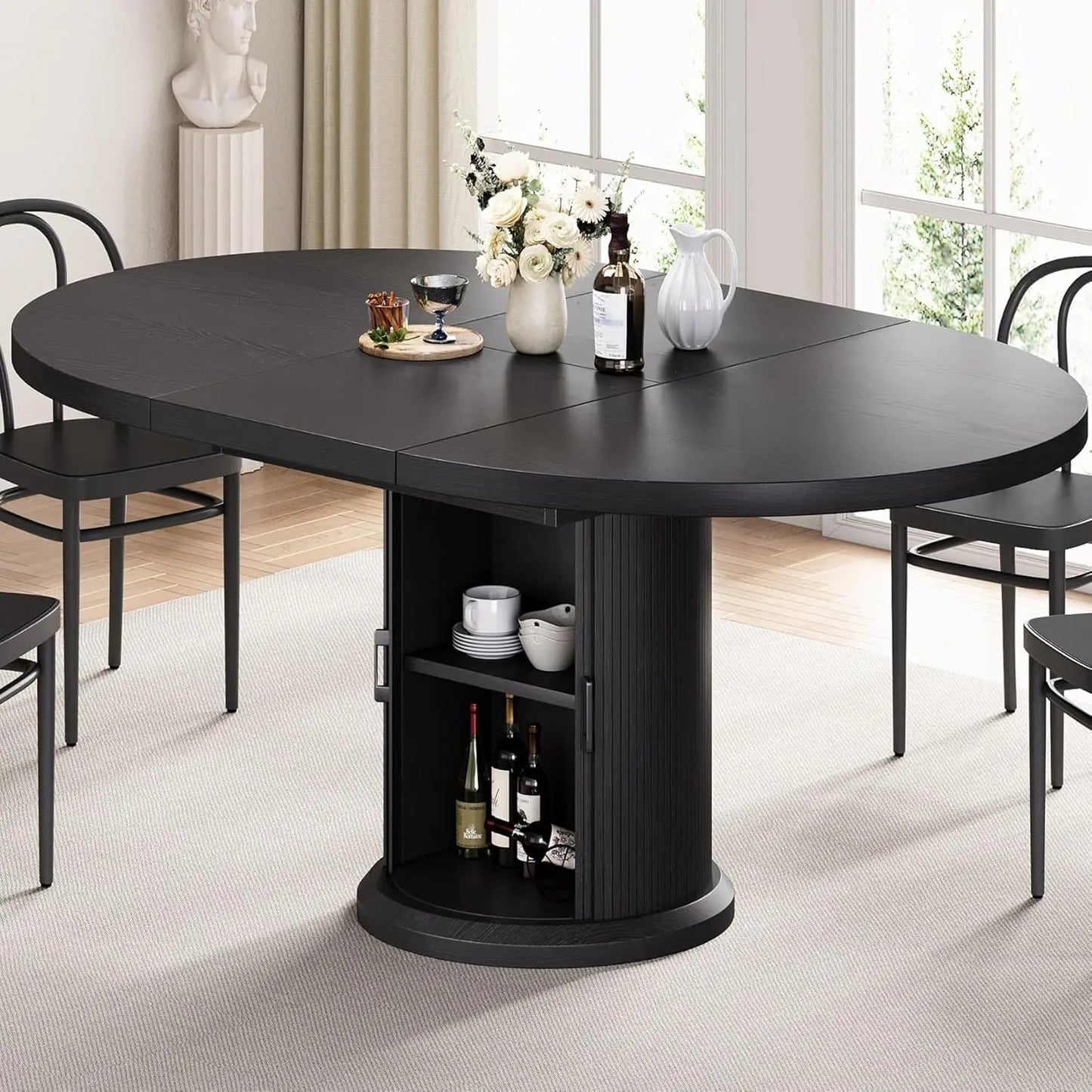 47″–63″ Extendable Round Dining Table for 4–8 with Dust-Proof 2-Tier Storage Shelf Space Saving Expandable Wood, Customized