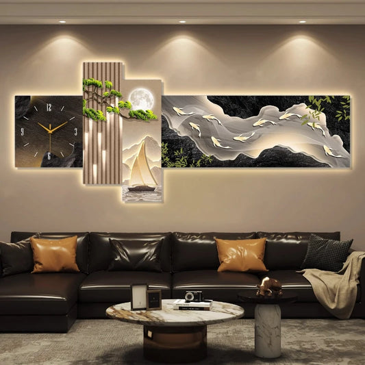 Living Room Wall Clock With Lamp Kitchen Design Interior Large Art Silent Clock Wall Luxury Aesthetics Bedroom Home Decoration