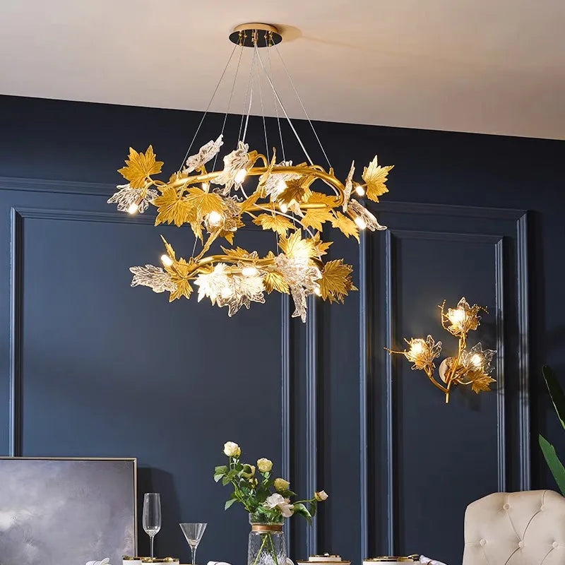 Maple Leaf Crystal Chandelier — Dimmable LED, Gold Finish