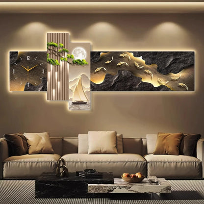 Living Room Wall Clock With Lamp Kitchen Design Interior Large Art Silent Clock Wall Luxury Aesthetics Bedroom Home Decoration