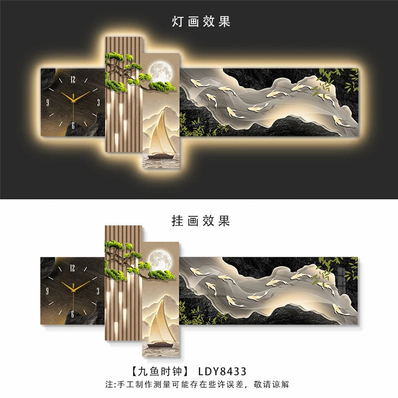 Living Room Wall Clock With Lamp Kitchen Design Interior Large Art Silent Clock Wall Luxury Aesthetics Bedroom Home Decoration