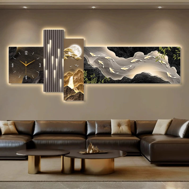 Living Room Wall Clock With Lamp Kitchen Design Interior Large Art Silent Clock Wall Luxury Aesthetics Bedroom Home Decoration