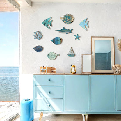Handcrafted Wooden Ocean Wall Decor - Fish, Coral, Starfish & Sailboat Set for Home/Bathroom, Coastal Style Art